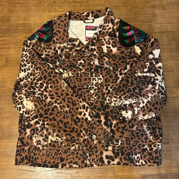 Cheetah Print Bleached Third Eye Sequin Jean Canvas Jacket Boutique NWT - Picture 2 of 6
